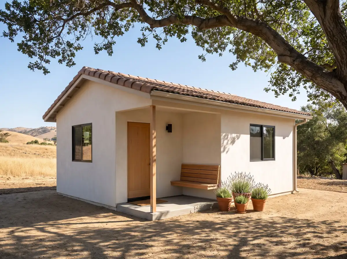 Covered porch and entry of a detached backyard ADU in light stucco, dappled by oak shade, AI-generated illustration