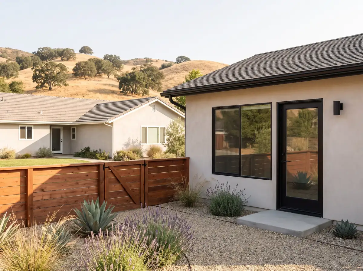 Detached two-car garage converted into an ADU, its old door opening filled with stucco, a wide window and an entry door, AI-generated illustration