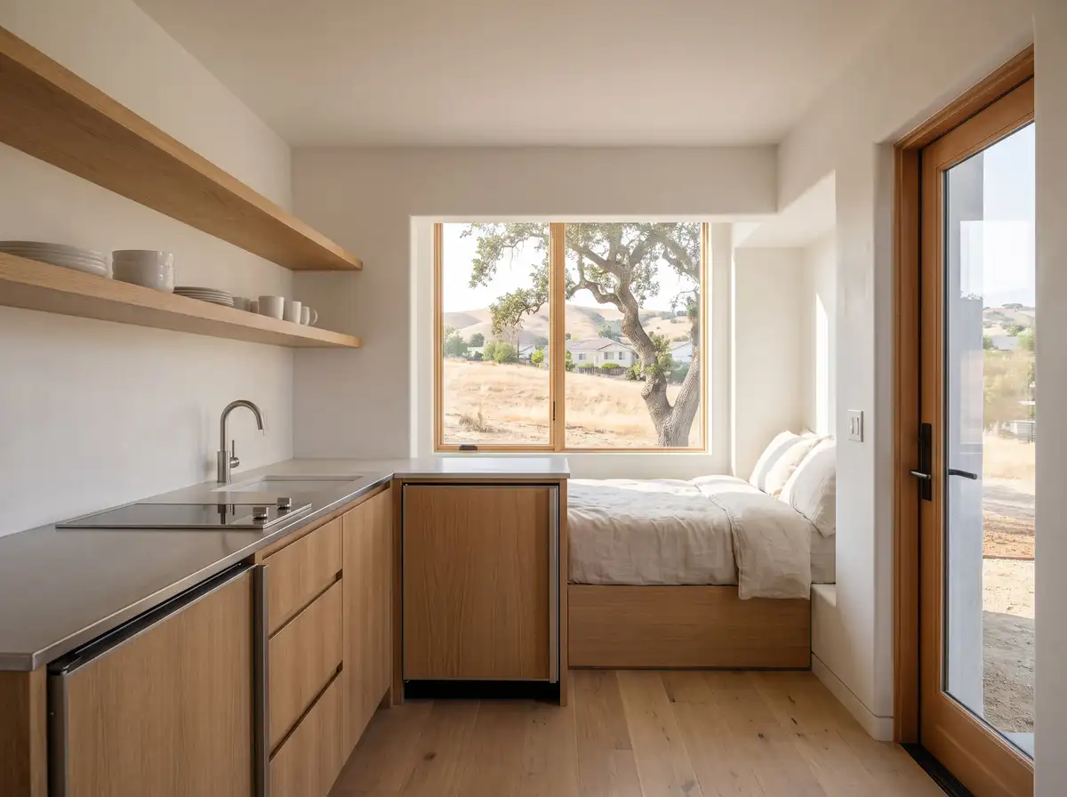 Junior ADU inside a house with a compact efficiency kitchen, a bed nook and its own exterior door, AI-generated illustration