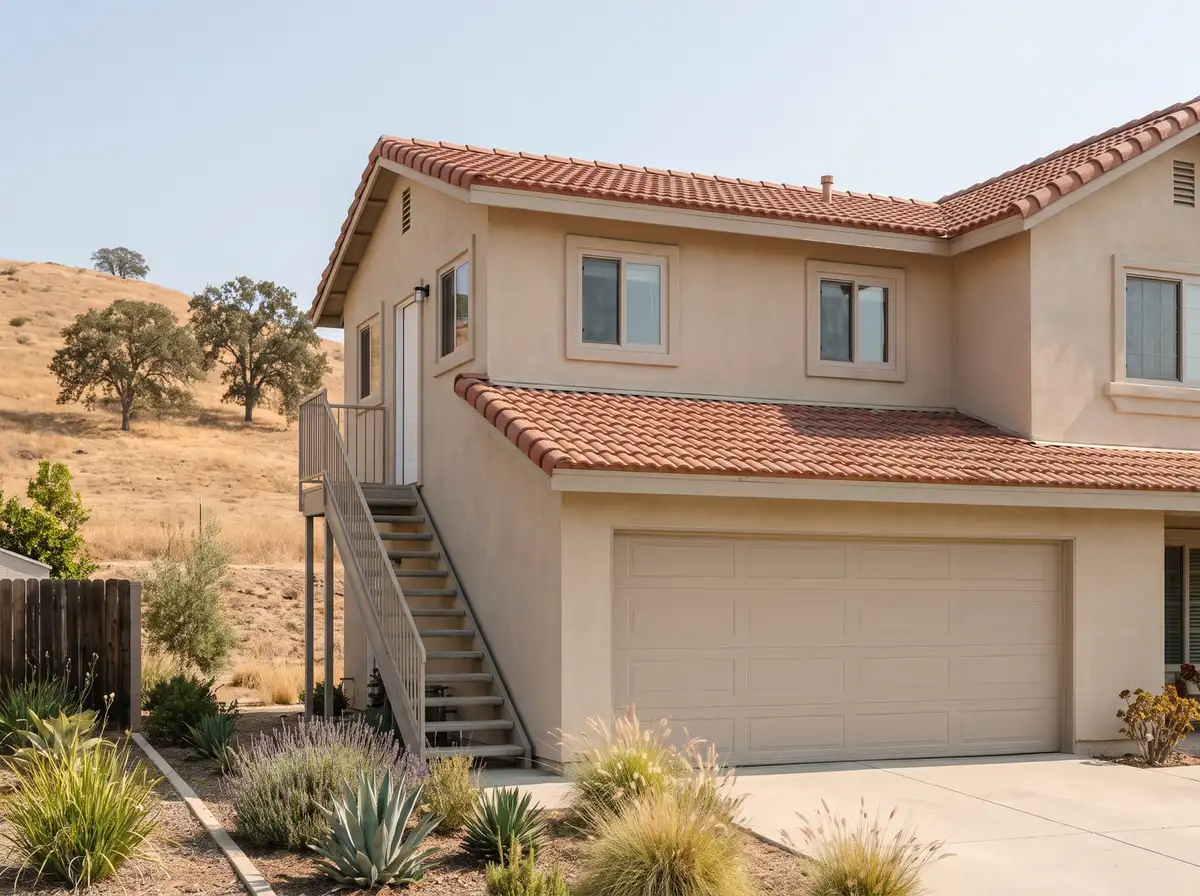 ADU built above an attached two-car garage with its own exterior stair and entry, in matching stucco and tile, AI-generated illustration